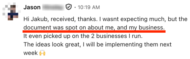Client message: the document was spot on about me and my business